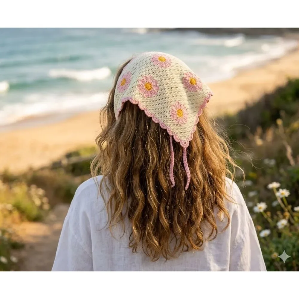 Crochet Daisy Hair Bandana Cottagecore Flower Knit Scarf Head Wrap Pink Cream